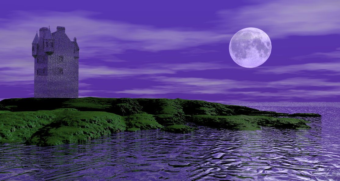 Purple moonlit landscape with a tower, green coast, and reflective water
